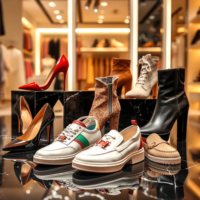 A stunning showcase of various shoes displayed on a sleek black marble floor