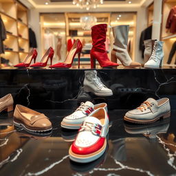 A stunning showcase of various shoes displayed on a sleek black marble floor