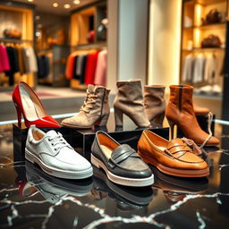 A stunning showcase of various shoes displayed on a sleek black marble floor