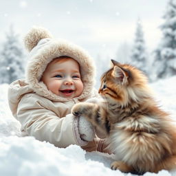 A heartwarming scene featuring a cute baby with bright, cheerful eyes, bundled up in a cozy winter outfit, joyfully playing with an adorable fluffy cat