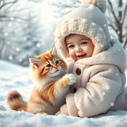 A heartwarming scene featuring a cute baby with bright, cheerful eyes, bundled up in a cozy winter outfit, joyfully playing with an adorable fluffy cat