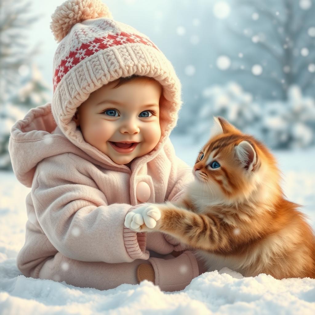 A heartwarming scene featuring a cute baby with bright, cheerful eyes, bundled up in a cozy winter outfit, joyfully playing with an adorable fluffy cat