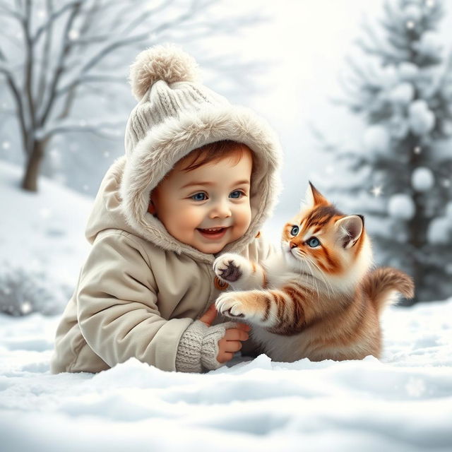 A heartwarming scene featuring a cute baby with bright, cheerful eyes, bundled up in a cozy winter outfit, joyfully playing with an adorable fluffy cat