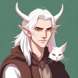 This is a high-quality digital art image depicting a young tiefling with fluffy, mullet-length white hair styled half up, half down with curtain bangs