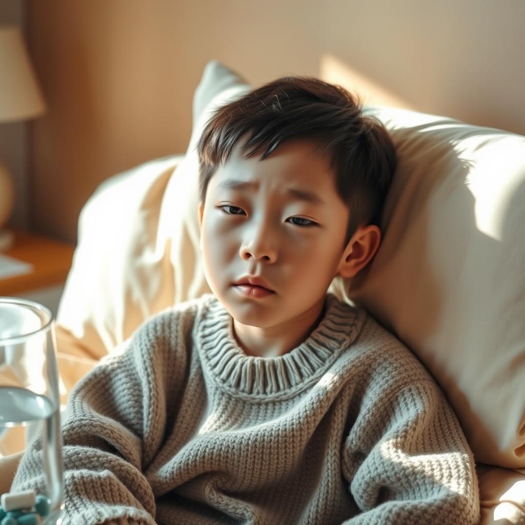 A portrait of a young Korean boy looking unwell, with pale skin and tired eyes, sitting on a cozy bed surrounded by soft pillows and warm blankets