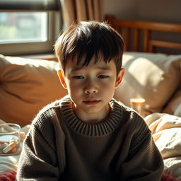 A portrait of a young Korean boy looking unwell, with pale skin and tired eyes, sitting on a cozy bed surrounded by soft pillows and warm blankets
