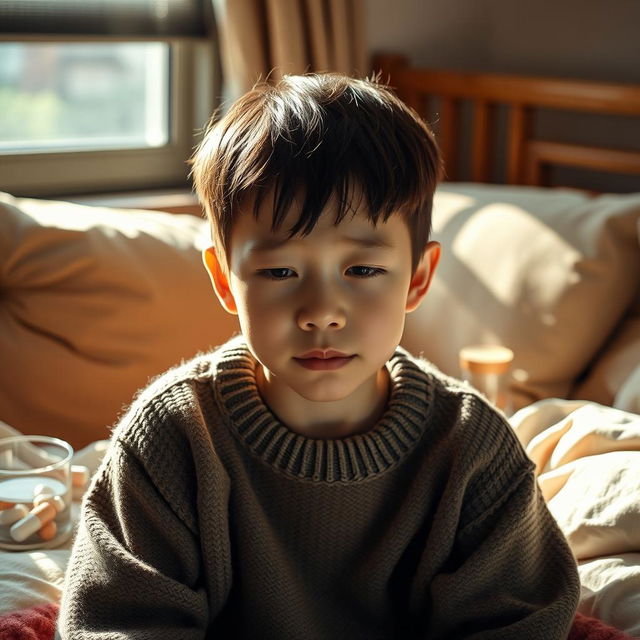 A portrait of a young Korean boy looking unwell, with pale skin and tired eyes, sitting on a cozy bed surrounded by soft pillows and warm blankets