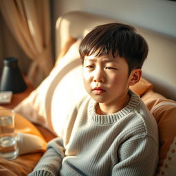A portrait of a young Korean boy looking unwell, with pale skin and tired eyes, sitting on a cozy bed surrounded by soft pillows and warm blankets