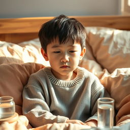 A portrait of a young Korean boy looking unwell, with pale skin and tired eyes, sitting on a cozy bed surrounded by soft pillows and warm blankets