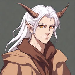 This is a high-quality digital art image depicting a young tiefling with fluffy, mullet-length white hair styled half up, half down with curtain bangs