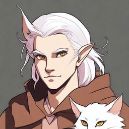 This is a high-quality digital art image depicting a young tiefling with fluffy, mullet-length white hair styled half up, half down with curtain bangs