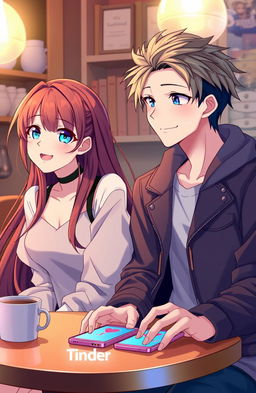 An anime-inspired scene depicting a girl with long, flowing brown hair, wearing a trendy outfit, and a boy with striking blue eyes, dressed in a casual yet stylish ensemble