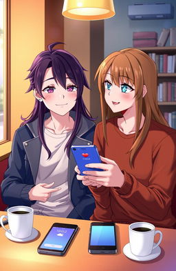 An anime-inspired scene depicting a girl with long, flowing brown hair, wearing a trendy outfit, and a boy with striking blue eyes, dressed in a casual yet stylish ensemble