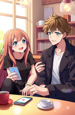An anime-inspired scene depicting a girl with long, flowing brown hair, wearing a trendy outfit, and a boy with striking blue eyes, dressed in a casual yet stylish ensemble