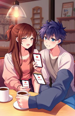 An anime-inspired scene depicting a girl with long, flowing brown hair, wearing a trendy outfit, and a boy with striking blue eyes, dressed in a casual yet stylish ensemble