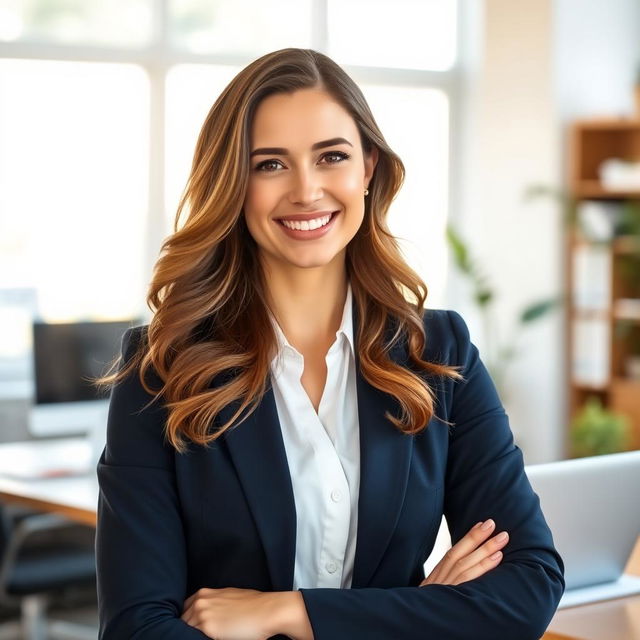 A confident female professional in a modern office setting, with a warm smile and engaging personality