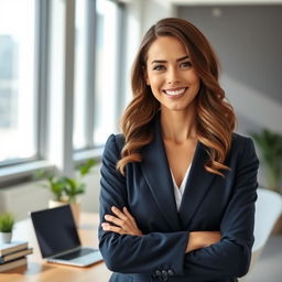 A confident female professional in a modern office setting, with a warm smile and engaging personality