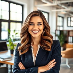 A confident female professional in a modern office setting, with a warm smile and engaging personality