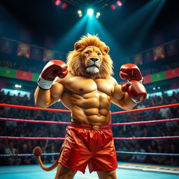 A muscular boxer lion with a defined six-pack, wearing boxing gloves and shorts, standing confidently in a vibrant boxing ring