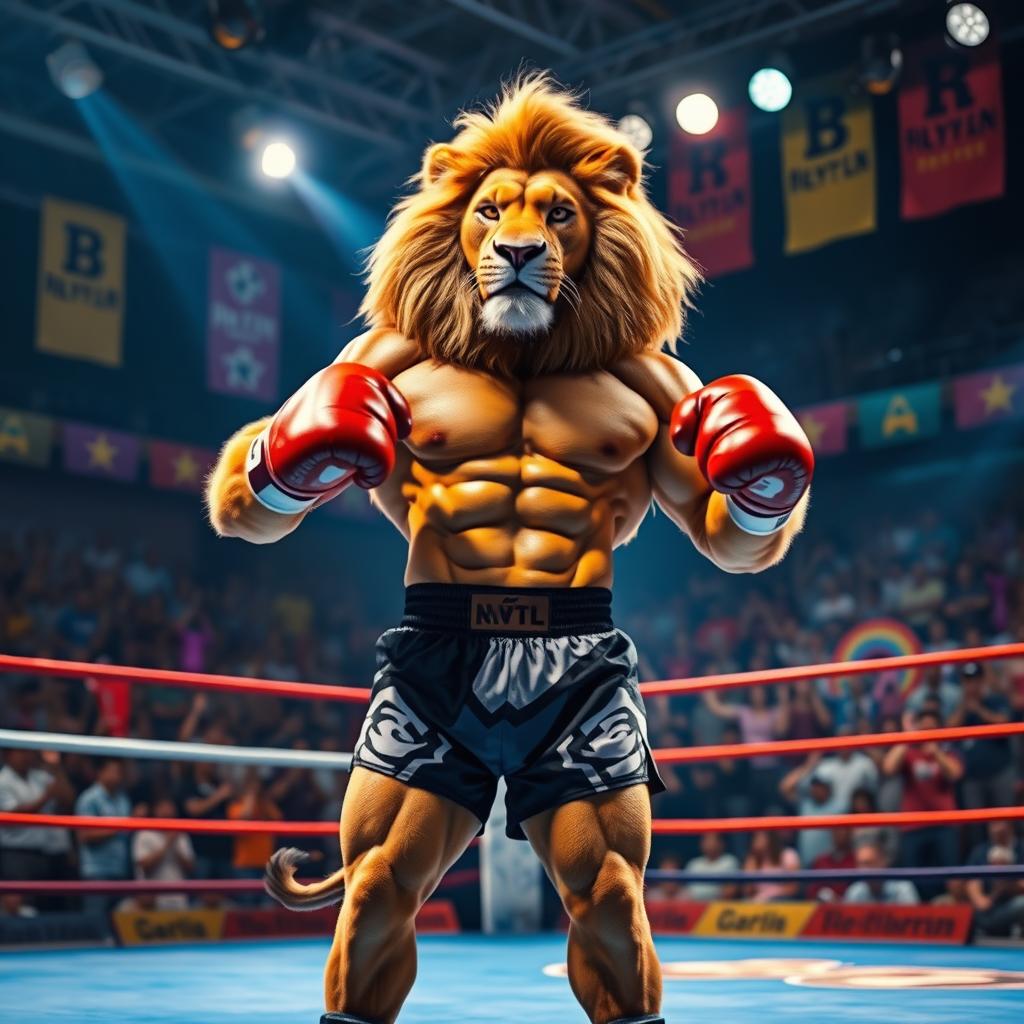 A muscular boxer lion with a defined six-pack, wearing boxing gloves and shorts, standing confidently in a vibrant boxing ring