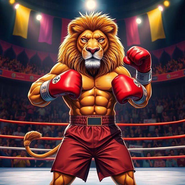 A muscular boxer lion with a defined six-pack, wearing boxing gloves and shorts, standing confidently in a vibrant boxing ring