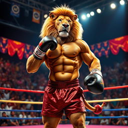 A muscular boxer lion with a defined six-pack, wearing boxing gloves and shorts, standing confidently in a vibrant boxing ring