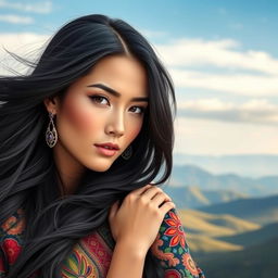 A beautiful and sensual woman from Central Asia, showcasing traditional attire with intricate patterns and vibrant colors