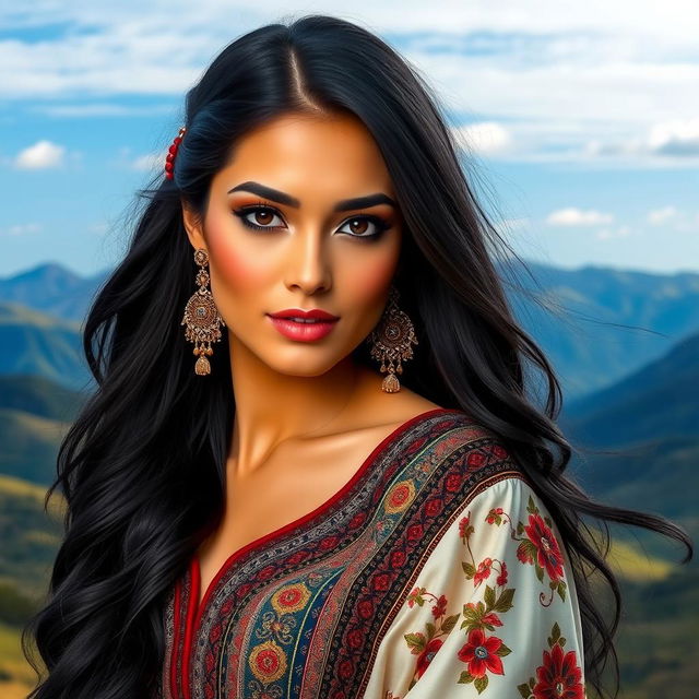 A beautiful and sensual woman from Central Asia, showcasing traditional attire with intricate patterns and vibrant colors