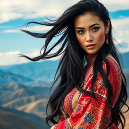 A beautiful and sensual woman from Central Asia, showcasing traditional attire with intricate patterns and vibrant colors