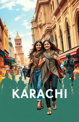 A captivating book cover design featuring two adventurous young women exploring the vibrant streets of Karachi