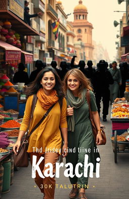 A captivating book cover design featuring two adventurous young women exploring the vibrant streets of Karachi