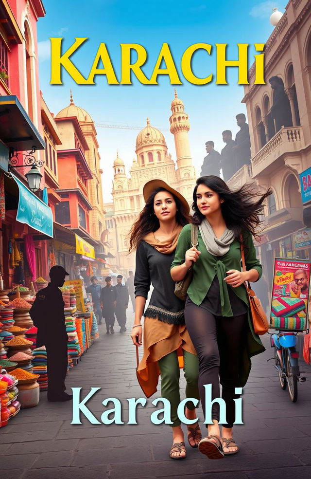 A captivating book cover design featuring two adventurous young women exploring the vibrant streets of Karachi