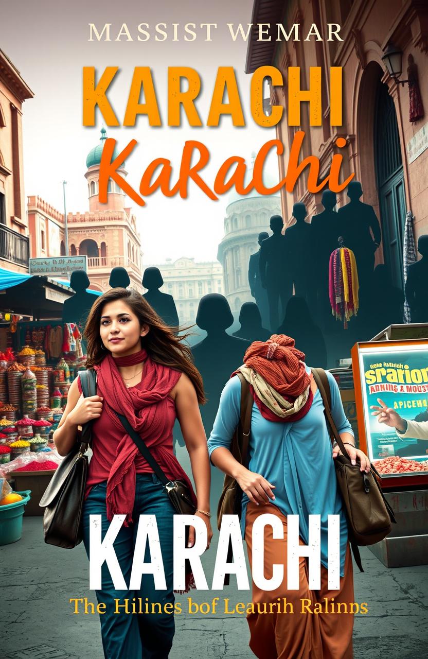 A captivating book cover design featuring two adventurous young women exploring the vibrant streets of Karachi