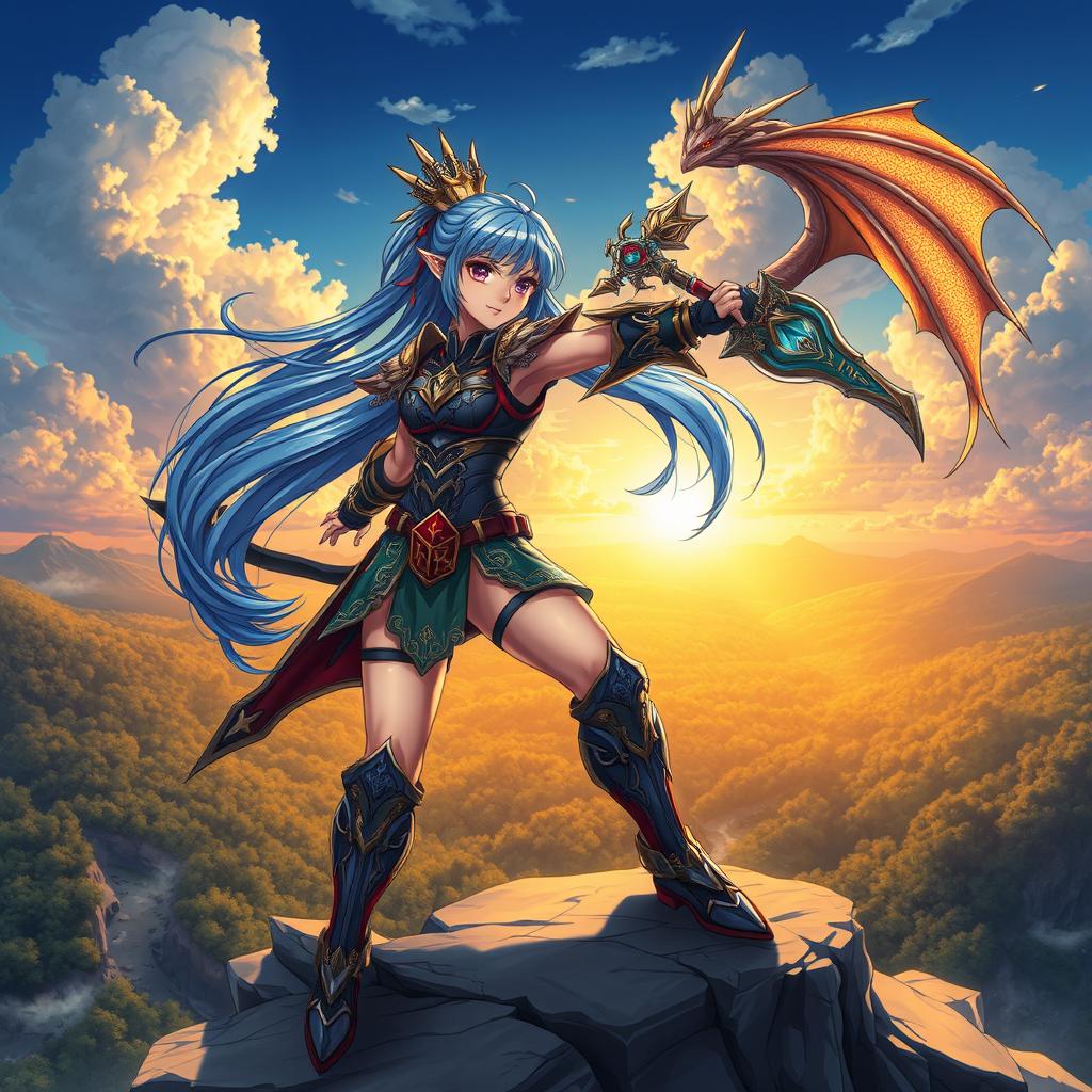 A dynamic and colorful anime scene featuring a fierce female warrior with flowing blue hair, dressed in ornate armor adorned with intricate designs and glowing runes