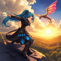 A dynamic and colorful anime scene featuring a fierce female warrior with flowing blue hair, dressed in ornate armor adorned with intricate designs and glowing runes