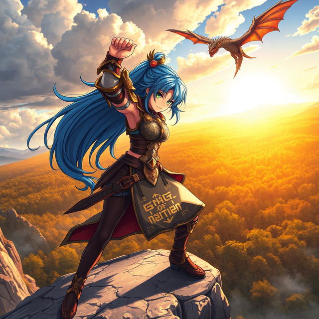 A dynamic and colorful anime scene featuring a fierce female warrior with flowing blue hair, dressed in ornate armor adorned with intricate designs and glowing runes