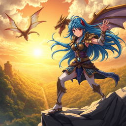A dynamic and colorful anime scene featuring a fierce female warrior with flowing blue hair, dressed in ornate armor adorned with intricate designs and glowing runes