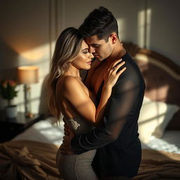 A sensual scene featuring a couple in an intimate embrace, showcasing the allure of soft lighting that casts gentle shadows