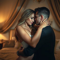 A sensual scene featuring a couple in an intimate embrace, showcasing the allure of soft lighting that casts gentle shadows