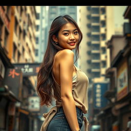A beautiful Chinese girl with an alluring presence, dressed in stylish yet slightly revealing clothing, standing confidently in a gritty slum area in China