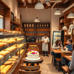 A cozy and charming bakery interior, featuring rows of freshly baked bread, pastries, and cakes displayed in glass cases