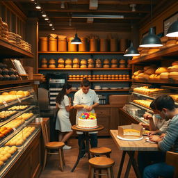 A cozy and charming bakery interior, featuring rows of freshly baked bread, pastries, and cakes displayed in glass cases