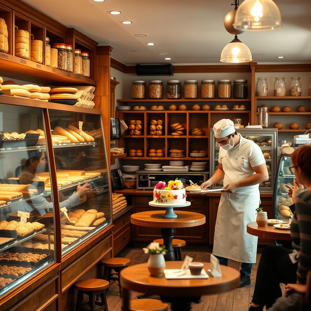 A cozy and charming bakery interior, featuring rows of freshly baked bread, pastries, and cakes displayed in glass cases