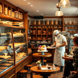 A cozy and charming bakery interior, featuring rows of freshly baked bread, pastries, and cakes displayed in glass cases