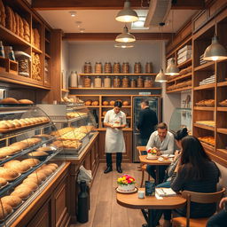 A cozy and charming bakery interior, featuring rows of freshly baked bread, pastries, and cakes displayed in glass cases