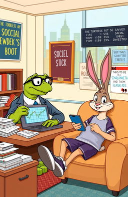 A whimsical illustration of the classic fable 'The Tortoise and the Hare' with a financial twist