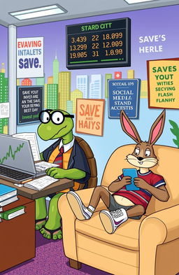 A whimsical illustration of the classic fable 'The Tortoise and the Hare' with a financial twist