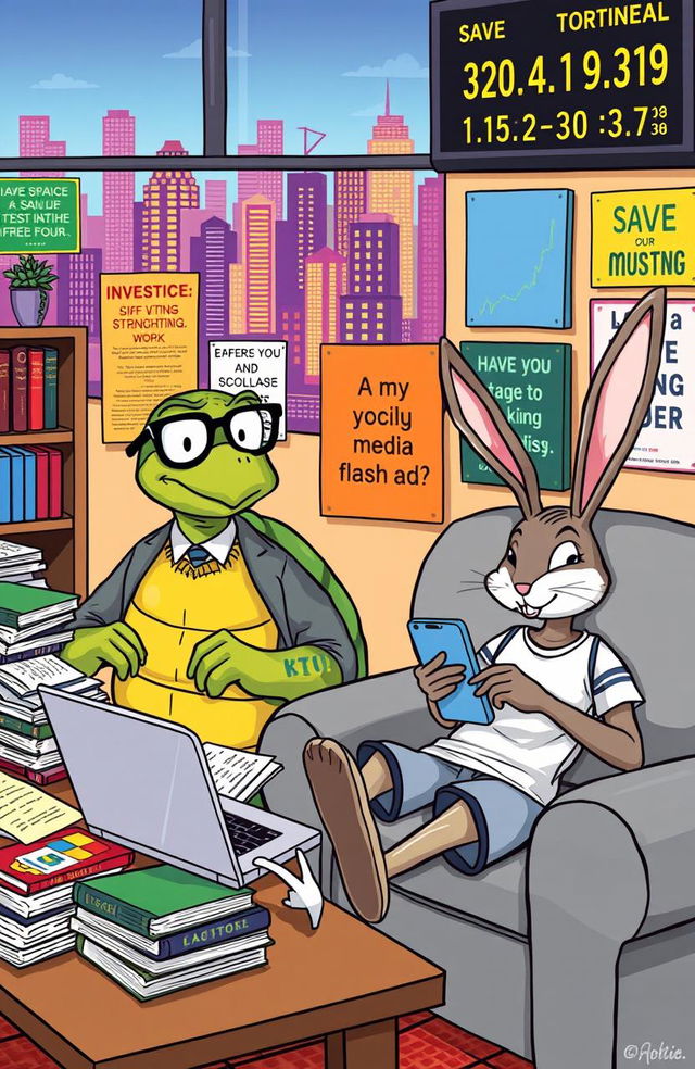 A whimsical illustration of the classic fable 'The Tortoise and the Hare' with a financial twist