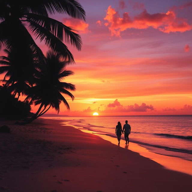 A vibrant sunset over a serene beach, with golden sand and gentle waves lapping at the shore