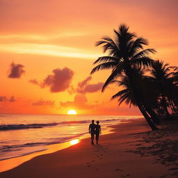 A vibrant sunset over a serene beach, with golden sand and gentle waves lapping at the shore
